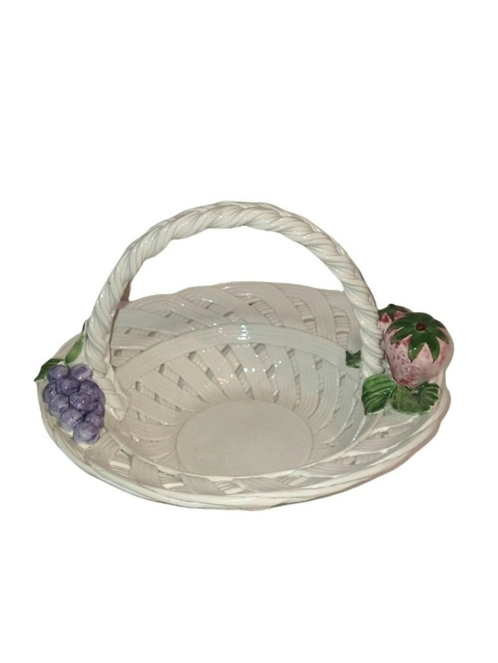 Capodimonte Italy White Porcelain Weave Fruit Basket w/Handle Strawberry Grapes